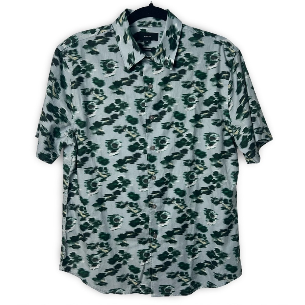 Vince Men’s Classic Fit Short Sleeve Button Up Green Gray Abstract Shirt Sz. S